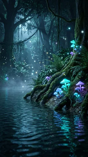Bioluminescent Mushrooms on Nighttime Forest Riverbank