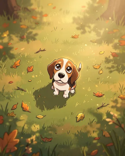 Cartoon Beagle Puppy in Autumn Grass