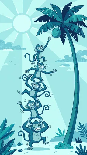 Five Blue Monkeys Stacked Reaching Coconut