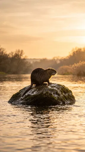 Nutria on Mossy River Rock at Sunset