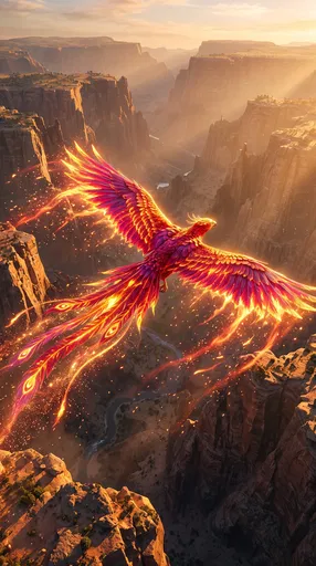 Glowing Phoenix Soaring Over Golden Canyon