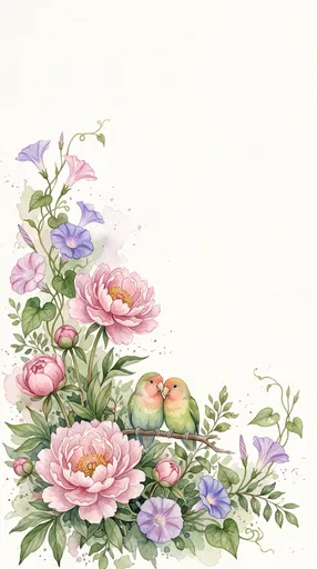Watercolor Lovebirds and Peonies Corner Frame