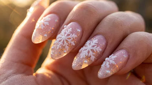 Close-Up Winter Snowflake Almond Nail Art
