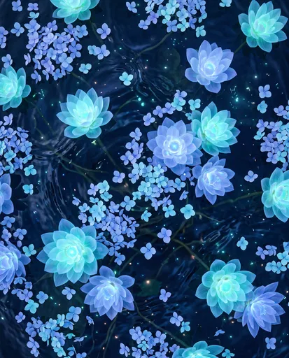 Glowing Blue Lotus and Hydrangea on Water