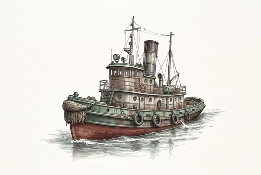 Vintage Harbor Tugboat Ink Illustration