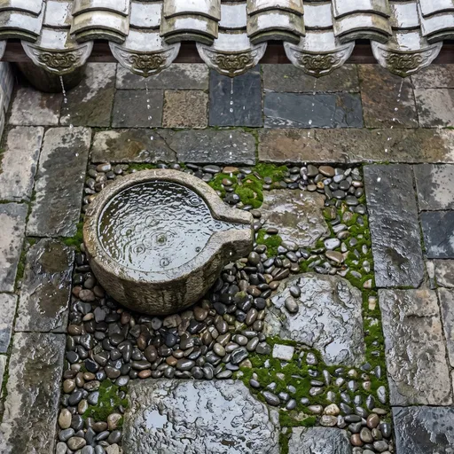 Rainwater Dripping into Chinese Courtyard Basin
