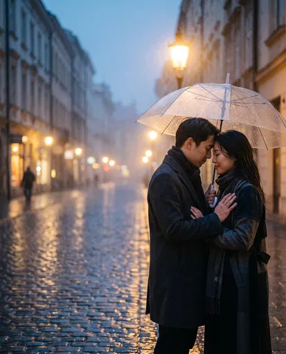 Couple Under Umbrella on Rainy Street