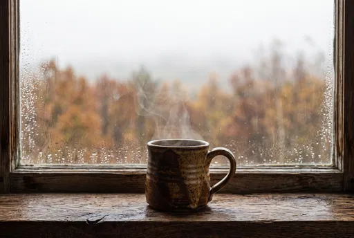 Steaming Mug on Rainy Autumn Windowsill