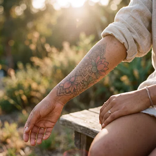Lotus and Dotwork Forearm Tattoo in Sunlight