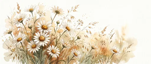 Watercolor White Daisies and Meadow Grasses
