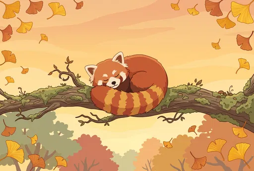 Sleepy Red Panda on Autumn Branch