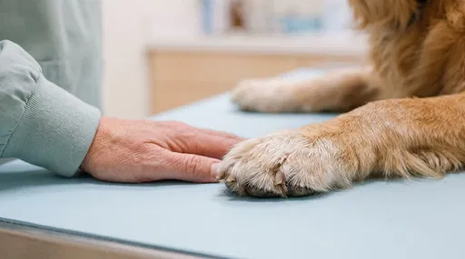 Veterinarian Hand Resting Beside Golden Retriever Paw