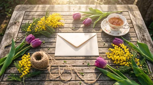 Cream Envelope With Flowers on Rustic Table