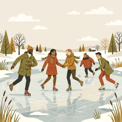 Diverse Friends Ice Skating on Frozen Pond