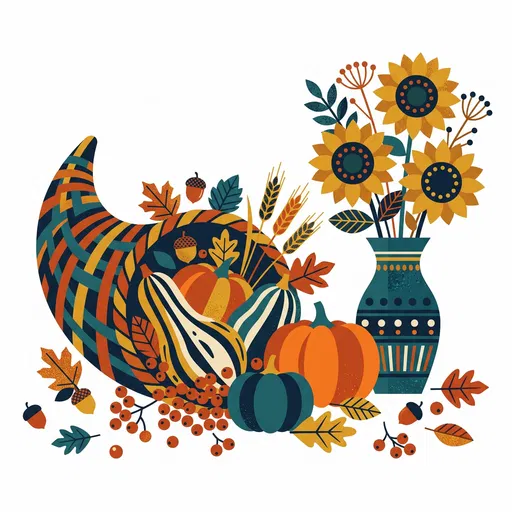 Mid-Century Autumn Harvest Cornucopia Clipart