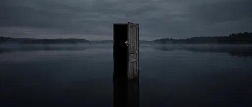 Creepy Wooden Door in Dark Lake