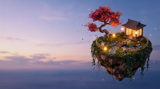 Floating Japanese Maple Courtyard Island at Dusk