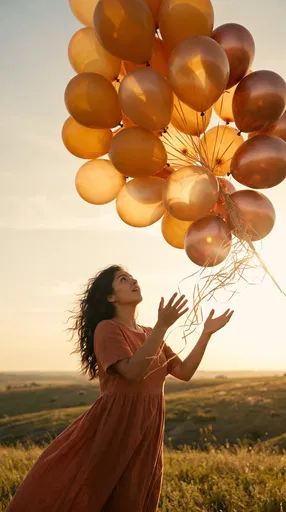 Woman Releasing Golden Balloons at Sunset