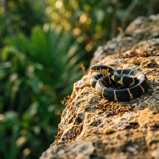 Banded Black Snake Coiled on Rock
