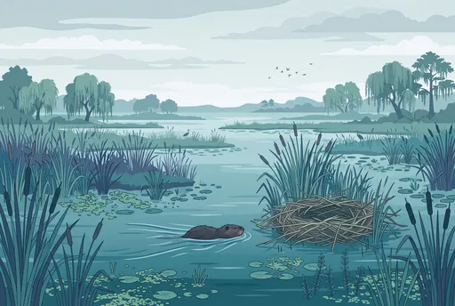 Nutria Swimming in Teal Wetland Illustration