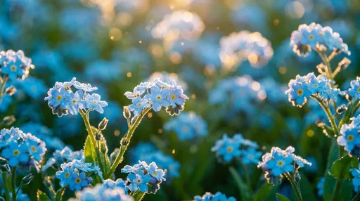 Dewy Blue Forget-Me-Not Flowers in Sunlight