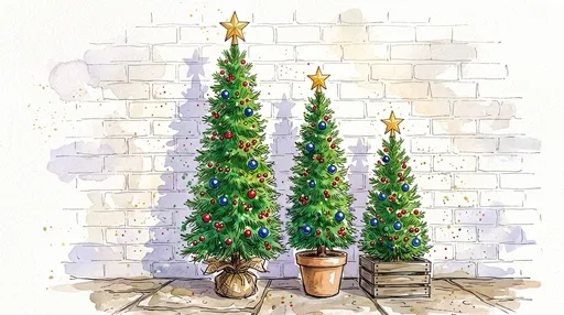Watercolor Trio of Decorated Christmas Trees