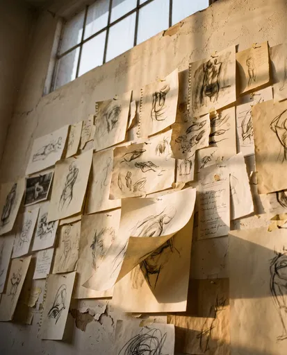 Sunlit Studio Wall With Charcoal Sketches
