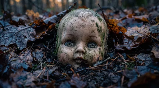 Creepy Mossy Doll Head in Forest Leaves