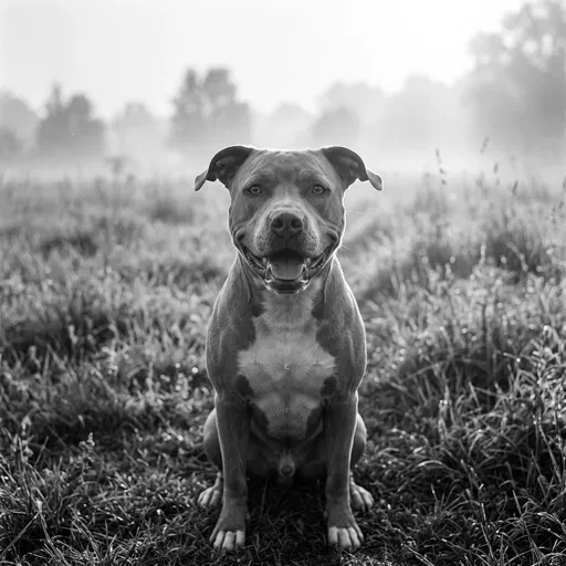 Black and White Portrait of Smiling Pitbull