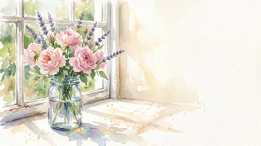 Watercolor Roses and Lavender on Windowsill