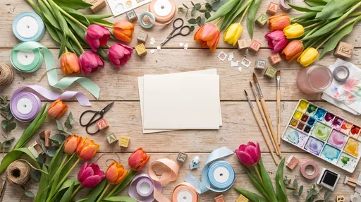 Spring Tulip and Craft Supplies Flat Lay