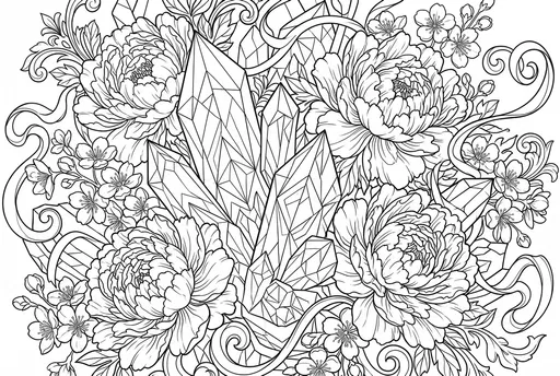 Peony and Crystal Cluster Coloring Page