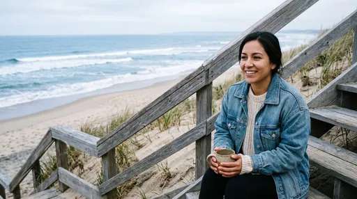 Smiling Woman With Mug on Beach Steps