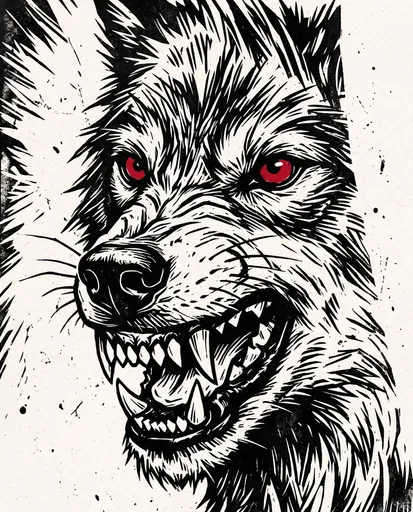 Snarling Wolf Linocut With Red Eyes