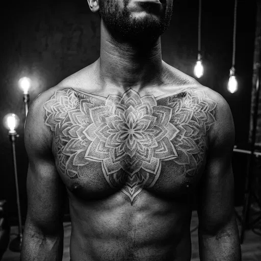 Monochrome Geometric Mandala Chest Tattoo Portrait