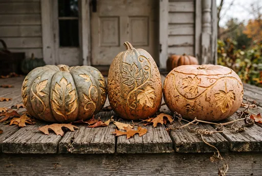 Carved Heirloom Pumpkins on Rustic Porch