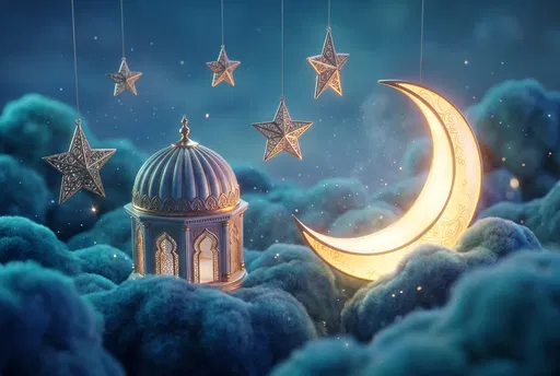 Golden Crescent Moon and Dome on Clouds
