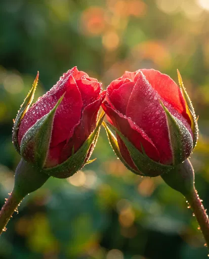 Two Dewy Red Rosebuds Touching in Sunlight
