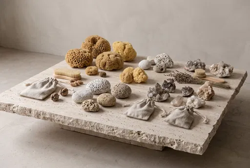 Natural Tactile Objects on Travertine Plinth