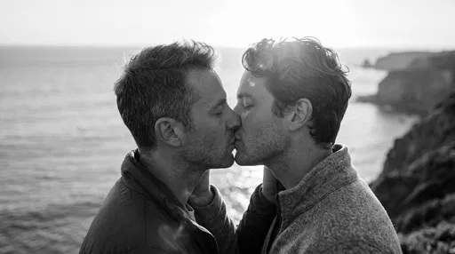 Monochrome Portrait of Two Men Kissing Outdoors