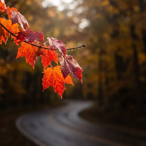 Dewy Red Maple Leaves Over Autumn Road