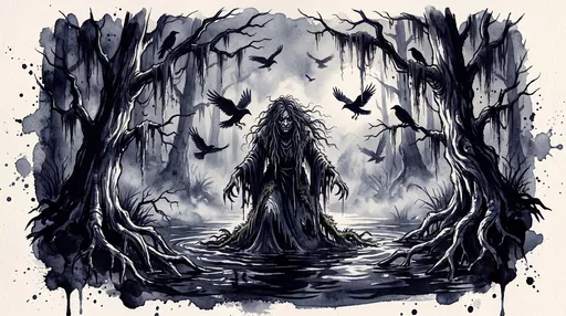 Dark Watercolor Swamp Witch Illustration