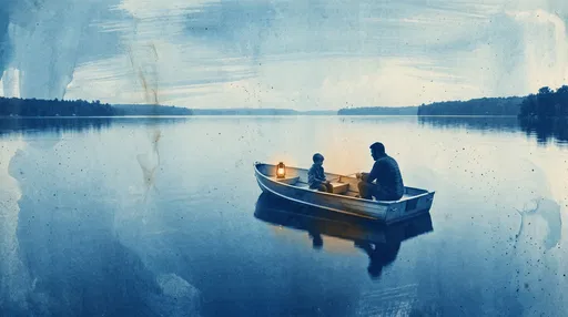 Father and Son in Lake Rowboat