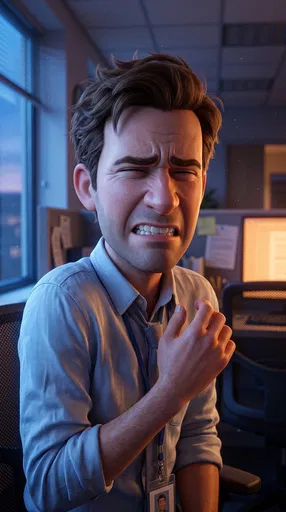 Stylized Office Worker Grimacing at Desk