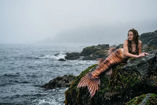 Mermaid Resting on Misty Coastal Rocks