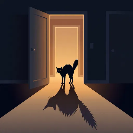 Scared Black Cat in Lit Doorway