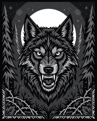 Monochrome Snarling Wolf and Full Moon