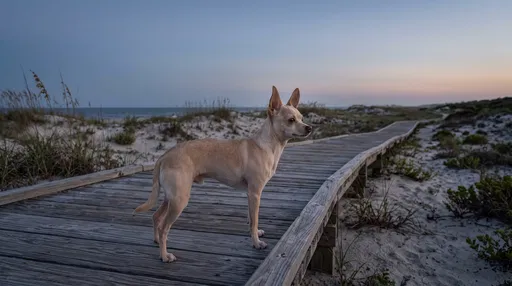 Chihuahua on Coastal Boardwalk at Dusk