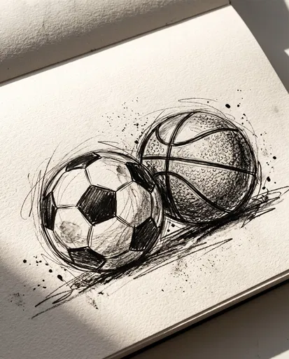 Charcoal Sketch of Soccer and Basketball