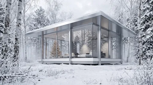 Modern Glass Pavilion in Snowy Winter Forest